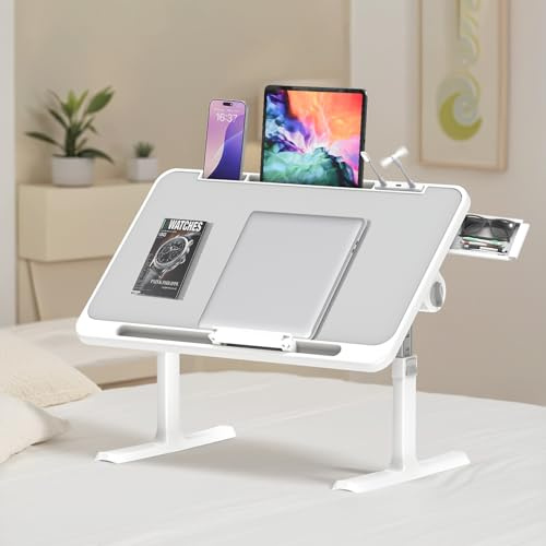 Ferghana Klappbarer Laptoptisch Höhenverstellbarer Laptoptisch mit Schublade + LED+Ventilator Tragbarer Schreibtisch fürs Bett mit ergonomischem Neigungswinkel für Sofa,Boden,Bett,Outdoor (Hellgrau)