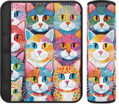 Nexawaveo Premium Gurtschoner (25,4 x 20,7 cm), farbige Katzen-Punkte, extra breite Schulterpolster für Autositze, Kinderwagen, Rucksäcke