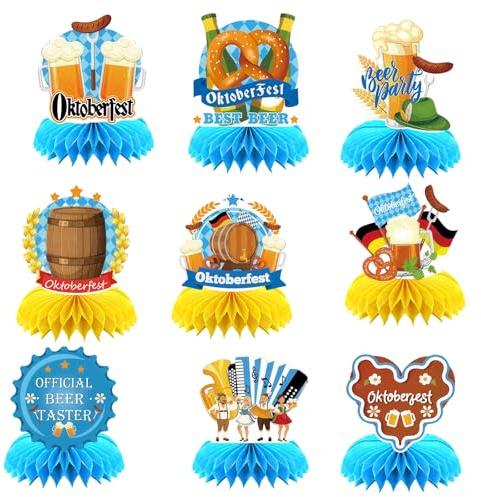 CharmBurst 9 pièces Ensemble de décoration Oktoberfest, Boules en Papier alvéolé bavaroises en 3D, Décoration de Table pour fête d'Oktoberfest, Décoration Suspendue intérieure et extérieure
