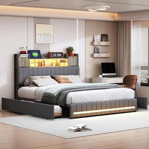 QMTXBYJ Polsterbett Doppelbett 160x200 cm, LED Bett 160x200 mit Bettkasten, Stauraumbett mit 4 Schubladen und Lattenrost, Staufach-Kopfteil mit USB-Ladestation, Jugendbett Funktionsbett, Leinen