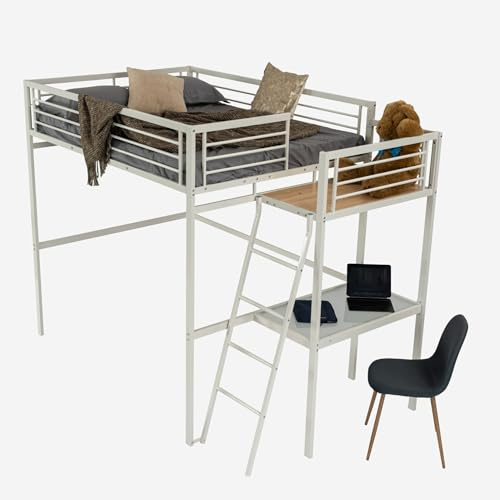 Meuble Cosy Cadres de Lit avec Bureau et Sommier à Lattes, pour Matelas 140x190cm, Verre et métal, Style Industriel, Blanc
