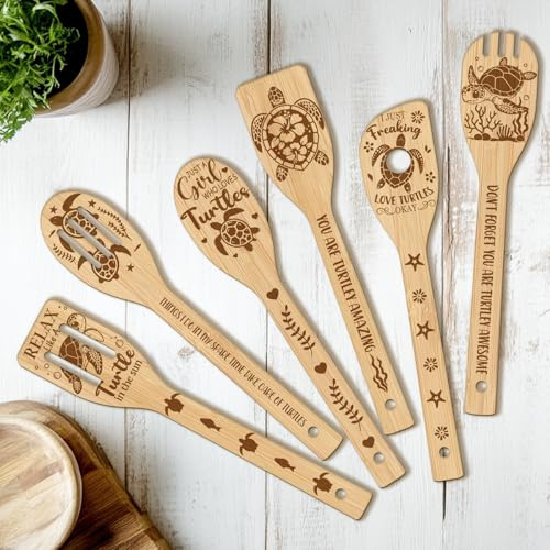 CUTHOLLOW Set di 6 Spatola Cucina Legno - Tartaruga - Paletta Cucina Personalizzata, Utensili da Cucina Creativi in Legno per Cucinare, Regalo di Inaugurazione Della Casa, Regalo di Compleanno