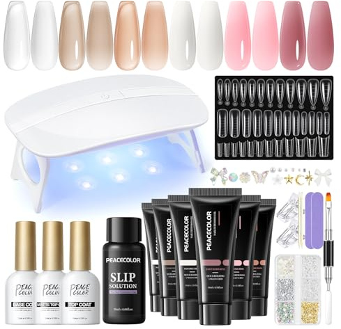 PEACECOLOR Poly Extension Gel Kit Complet avec Lampe U V 6 Couleurs Transparent Rose 16ml Ongle gel Kit Construction Ongle avec Base et Top Coat et Outils de Manucure la Maison