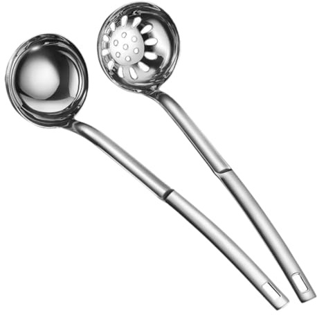 EPIGEIST 2 piezas Cucharones de Acero Inoxidable Cucharón Sopero y Espumadera Ranurada Mango con Gancho para Colgar Utensilios de Cocina para Olla Caliente y Sopa