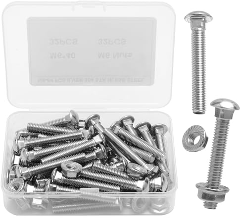 64 tornillos M6 x 40 mm de acero inoxidable – Tornillos de cabeza redonda plana con cuello cuadrado y tuercas hexagonales – Juego de tuercas de alta calidad para conexiones de madera y metal