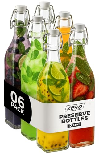 ZENO Glass Bottles With Swing Top 1000ML 6PCS | Airtight Preserve Bottles for Home Brewing, Juices, Oils & More | Leakproof Gasket Top | Ultra Durable Glass | Space Saving Design
