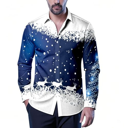 Generisch Chemise festive boutonnée avec imprimé de vacances, manches longues, décontractée, confortable, pour le quotidien, tissu doux, coupe classique, bleu, S