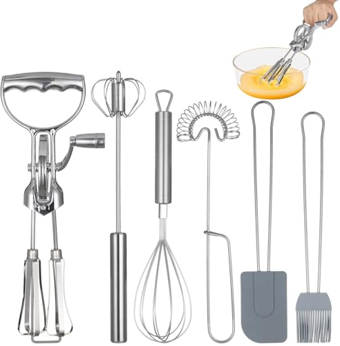 Rotary Egg Beater Set, Manual Rotating Beater with Mixer, Spring Whisk, Semi-automatic Whisk, Silicone Brush, and Spatula, Household Double-head Hand Push Ehisk Accessories