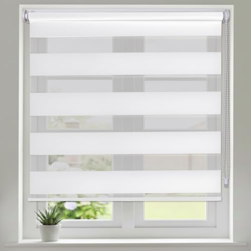 Maritown No Drill Day and Night Zebra Roller Blinds for Windows Easy Fit | 3-in-1 install, Stick on, Light Control, Privcy, UV Protection, for Bedroom Kitchen Bathroom, Door, Office, Renter Friendly