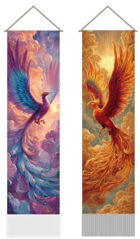AHANDMAKER 2 Stück Phönix Wandteppich Lange Vertikale Wandbehang, Mythische Vogel Aufsteigender Wand Hängend mit Quasten, Mystische Fantasie Ästhetische Dekor für Schlafzimmer, Wohn Zimmer (116x33cm)