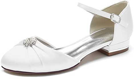 HFWXYSA Donna Punta Tonda Ballerine con Cinturino alla Caviglia Strass Scarpe da Sposa in Raso,Bianca,39 EU