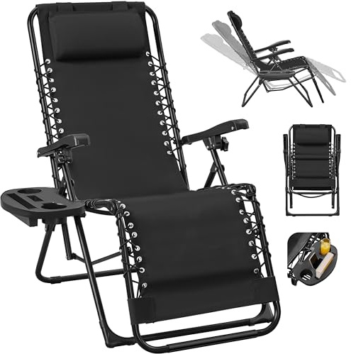 Abician Transat Pliant Zéro Gravité Inclinables Charge 114kg Noir | Chaise Longue en Textilène, Bain de Soleil, Dossier Inclinable Multiposition, Plateau Amovible, pour Piscine Jardin Terrasse