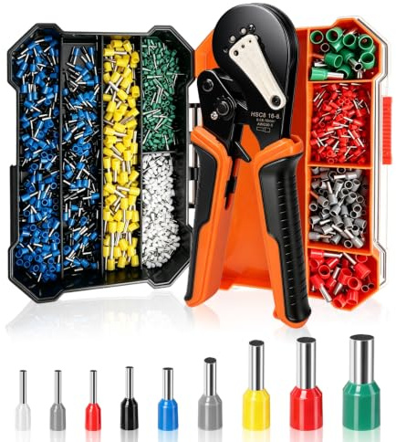 Alicates de Terminales Crimpadora con 1500Pcs Punteras 0,08-16 mm²/AWG30-5 | Herramienta de Crimpado Hexagonal,Alicate Autoajustable,Juego de Crimpadora para Doméstico y Industriales,9 Tipos Terminale