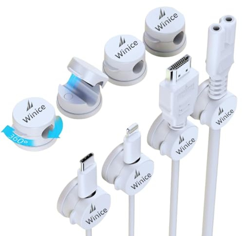 Rotatable Cable Clips 6 Pack – 360° Adjustable Cord Holder with Spring Grip, Strong N52 Magnets, Strong Adhesive Wire Organiser for Desk, Bedside, Car & Office – Tangle-Free Cable Management (White)