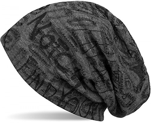 styleBREAKER Beanie Mütze mit Schrift Muster im Destroyed Vintage Design, Slouch Longbeanie, Unisex 04024074, Farbe:Dunkelgrau