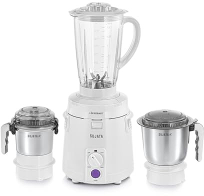 Sujata Supermix Mixer Grinder|900 Watts Double Ball Bearing Motor|22000 RPM|Non-Stop 90 Mins Running|3 Jars including 1750ml Blender, 1000ml Grinder, 500ml Chutney Jar| (White)