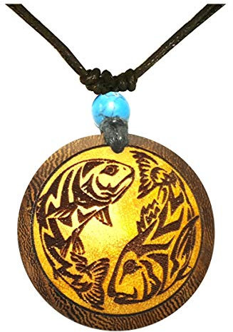 CHICNET Damen Herren Holzkette mit Türkis Stein Baumwolle Holz Anhänger in rund mit Fische oder Drachen Yin Yang Motiv Fische