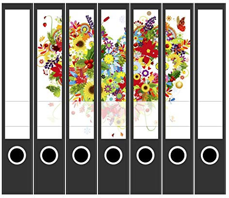 Ordneretiketten | 7 Aufkleber für schmale Akten-Ordner | Herz aus Blumen | selbstklebende Design Akten-Etiketten | Deko Sticker für Rückenschilder Ordnerrücken | zum Beschreiben