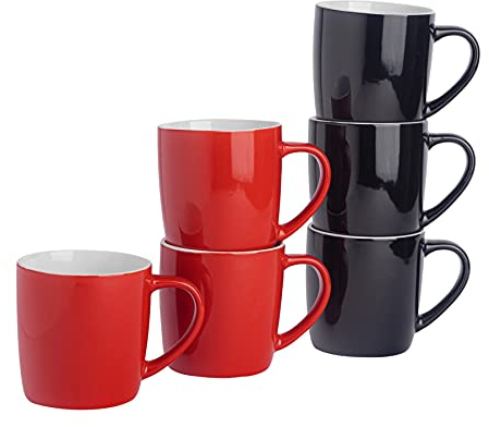 Argon Tableware Coloured Coffee Mugs - Red/Black - 350ml - Pack of 6 - Gloss Ceramic Stoneware Latte Cappuccino Cups Hot Chocolate Cups Colourful Mug Set with Handle