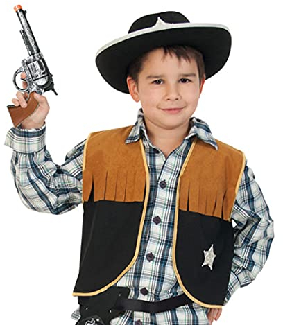 KarnevalsTeufel Kinderkostüm-Set Sheriff, 3-tlg. Weste, Cowboyhut und Spielzeug-Revolver | Größen 104-164 | Cowboy, Wilder Westen, Karneval (128)