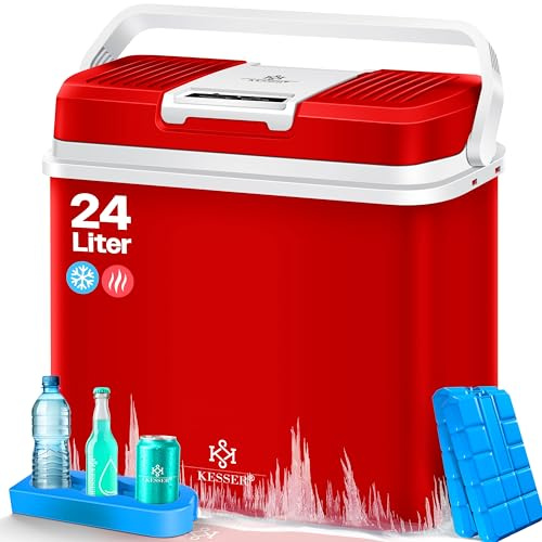 KESSER® 24 Liter Kühlbox | KÜHLT und WÄRMT | Thermo-Elektrische Kühlbox | inklusive 2X Kühlakku & Getränkehalter | 12 Volt und 230 Volt | Mini-Kühlschrank | für Auto und Camping | EEK E | Rot