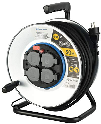 Electraline Pro-Line 49071, Metall Kabeltrommel Professionel und Fester Platte, Gummikabel H07 RN-F 3G1,5 50 m Kabel-IP44 Outdoor/Kabelrolle mit 4 Schuko-Steckdosen, Metal