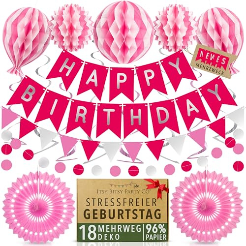 Premium Wiederverwendbare Geburtstagsdeko Rosa - Deko Geburtstag Mädchen Frau - Klettbefestigungen - Happy Birthday Girlande Rosa, Wabenbälle + mehr - Happy Birthday Deko von Itsy Bitsy Party Co