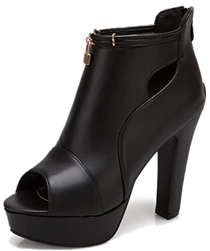 fereshte Women's Peep Toe Platform Ankle Boots, Block High Heel, Cutout Design with Gold Lock Zipper, 4.5 Inch Heel Sandals Black 42 - US 9.5