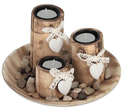 Relaxdays Teelichthalter Set, runde Dekoschale, mit Teelichtern & Steinen, Tischdeko Wohnzimmer, Esszimmer, Holz, Natur