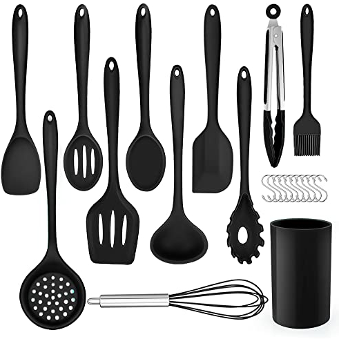 Herogo Juego de utensilios de cocina, 22 piezas de silicona utensilios de cocina con soporte para utensilios, resistentes al calor, utensilios de cocina, aptos para lavavajillas, color negro