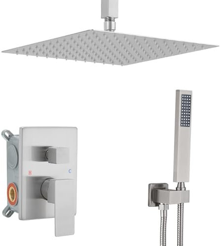 JingGang 12 Inch Ceiling Mount Brushed Nickel Shower System Bathroom Luxury Rain Mixer Shower Combo Set Ceiling Rainfall Shower Head System (Contain Shower Faucet Rough-in Valve Body and Trim Kit)