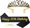 POPOYU 30 Ans Couronne Echarpe Diademe Femme,Cristal Tiara Kit pour Fille Femme Décoration de Fête,Anniversaire Femme Couronne Tiara Et écharpe De Decoration Anniversaire Cadeau 30 Ans Femme(Or Noir)