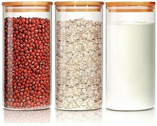 Glass Food Storage Jars with Lids, 3 Pack 900ml Airtight Glass Canisters | , BPA-Free Kitchen Storage Containers for Coffee, Tea, Sugar, Pasta, Spices, Herbs & Biscuits