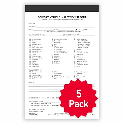 5 Pack Detailed Driver Vehicle Inspection Report Book – 35 Sets of Forms Per DVIR Inspection Book, 2 Ply Carbonless, 5.5 x 8.5, Pre Trip Inspection Book for Trucker, FMCSA Compliant, Easy Tear-Out