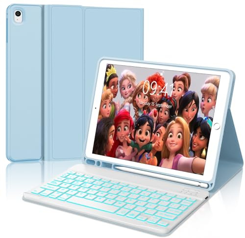 IVEOPPE Teclado iPad Multifuncional con Funda Bluetooth Ñ Retroiluminación para iPad 9/8/7, Air 3, Pro 10.5 - Azul Cielo