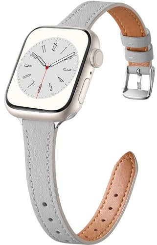 CeMiKa Bracelet Cuir Étroit Compatible avec Apple Watch 38mm 40mm 41mm 42mm | Bracelet Remplacement Cuir Véritable pour Apple Watch SE3 SE/iWatch Series 11 10 9 8 7 6 5 4, Femmes Hommes, Gris/Argenté