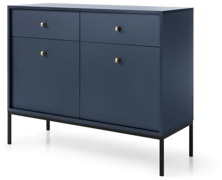 Kommode Sideboard 104cm in blau, Fußgestell schwarz, Griffe goldfarben