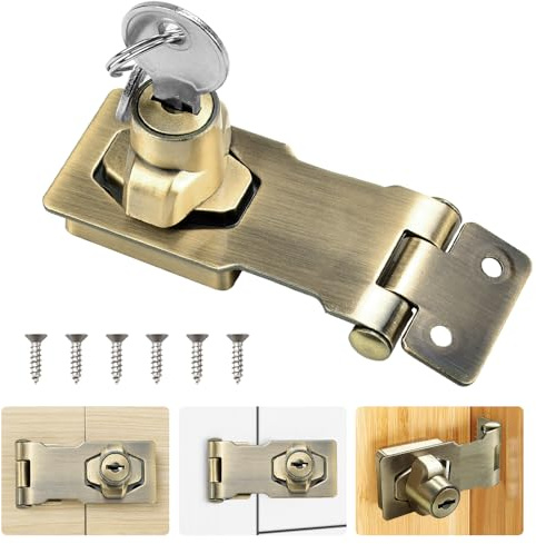 ADERTOS Keyed Hasp Lock Hasp and Staple with Padlock, Heavy Duty Shed Lock Door Lock Hasp Twist Knob Keyed Locking Hasp Safety Door Clasp Gate Lock with Key for Cabinets Gate -Vintage Bronze, 3 Inch