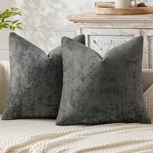 MIULEE 2er Kissenbezug Fransen Chenille Kissenbezüge Kissenhülle Sofakissen dekokissen zierkissen für Couch Sofa Wohnzimmer Grau 50X50 cm