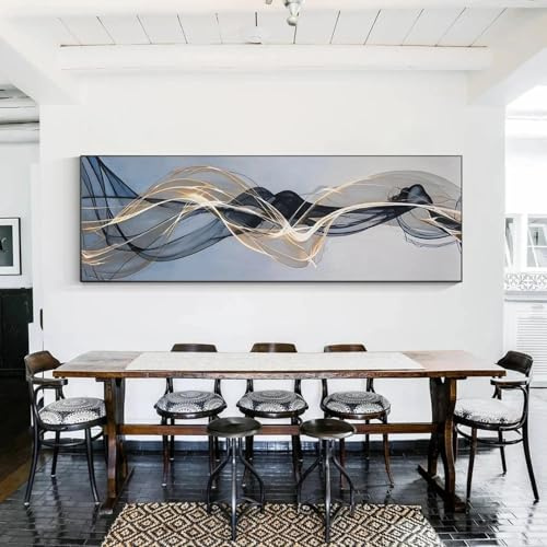 BHTMOI Quadro su tela astratto grigio oro nastro nero dipinto su tela lungo poster di grandi dimensioni per soggiorno moderno arredamento camera da letto 50x160 cm (20x63 pollici) senza cornice