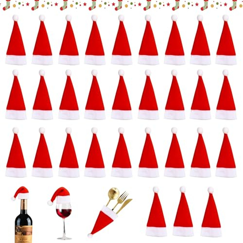 SUFANG 30 Stück Mini Weihnachtsmütze Nikolausmütze Klein Kleine Weihnachtsmützen Basteln Filz Weihnachten Besteckhalter Hats für Eier SüßIgkeit Flaschen Schneemann Dekoration Geschenk Dekoration
