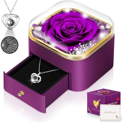Forever Rose, Eternal Flowers, Gifts for Her, Women, Girlfriend, Mum, Wife | Preserved Real Rose with I Love You Necklace, Presents for Birthday, Christmas, Anniversary, Valentine's Day, Mother's Day
