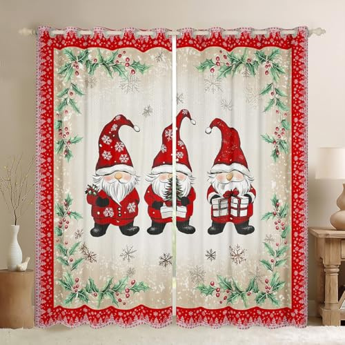Manfei Cartoon Gnome Kids Blackout Curtain,Christmas Poinsettia Window Drapes for Boys Girls,Geometric Xmas Trees Snowflake Patch Red Beige Window Treatments Grommet Top 2 Panel Set,38Wx54L inch