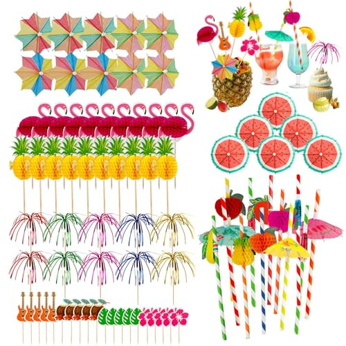 BUOSHUO Decorazioni per cocktail, 90 ombrelli da cocktail, cannucce da cocktail, fuochi d'artificio, cocktail party, decorazioni per feste estive, matrimoni, bar, bevande, torte