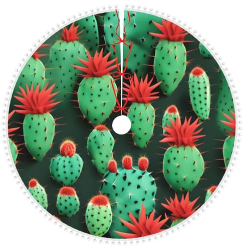 Muchos pequeños cactus impresos suaves de doble capa para decoración de árbol de Navidad, falda de árbol de Navidad con ribete de pompón