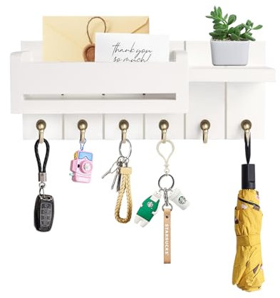 Key Holder for Wall - Key Hooks Wall Mounted with Shelf, Wooden Key Rack Letter Holder with 6 Hooks,Key Hooks for Home Decor, Key Hanger with Coat Hooks, Box Key Holders for Entryway Hallway (White)