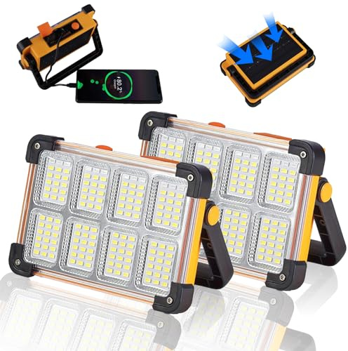 2 Pack 120W Solar Rechargeable Work Light, 144 LED 10000LM Portable Flood Light with Stand, IP66 Waterproof 4 Modes LED Job Site Lighting Flashlights for Mechanic Camping Fishing Car Repair