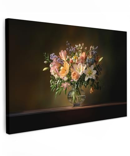 MuchoWow© Leinwand Bilder Groß XXL Wanddeko Wohnzimmer Aesthetic Room Decor | 120x80 cm - Deko Zimmer Wandbilder Modern Bild auf Gläser - Blumen - Blumenstrauß - Farben