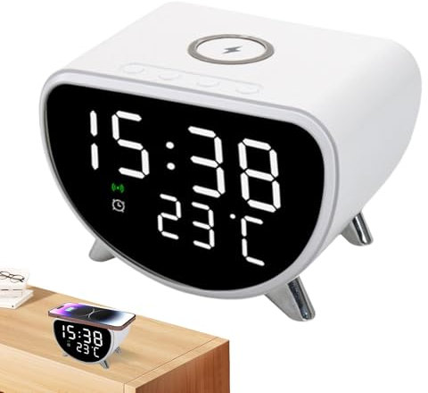 Väckarklocka med trådlös laddning – LED-väckarklocka för skrivbord med temperaturmätare, sömntimer, 15 W snabb trådlös laddningsstation för smartphone
