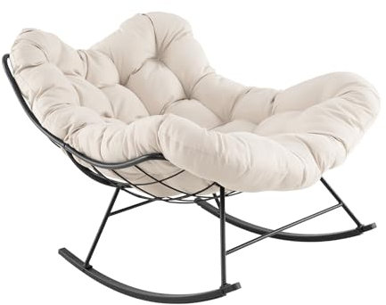 RELAX4LIFE Schaukelstuhl, Schwingsessel mit gepolstertem Kissen & Metallrahmen, Relaxstuhl bis 205 kg belastbar, Schaukelsessel Extra Groß für Garten, Schlafzimmer, Wohnzimmer, 110x95x94 cm (Beige)